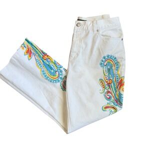 Vintage Ralph Lauren White Paisley Graphic Print Straight Leg Denim Jeans Sz 8
